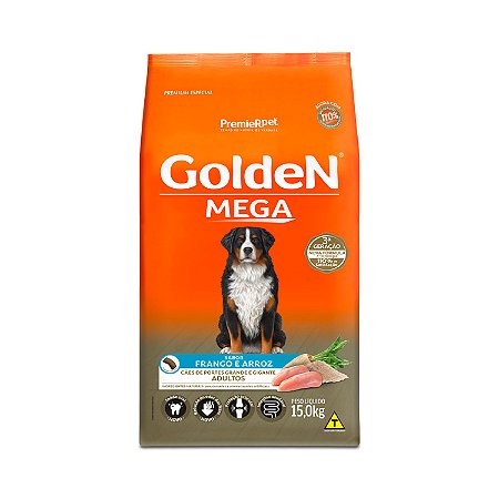 Ração Golden Mega para Cães Adultos de Porte Grande Sabor Frango e Arroz - 15 kg