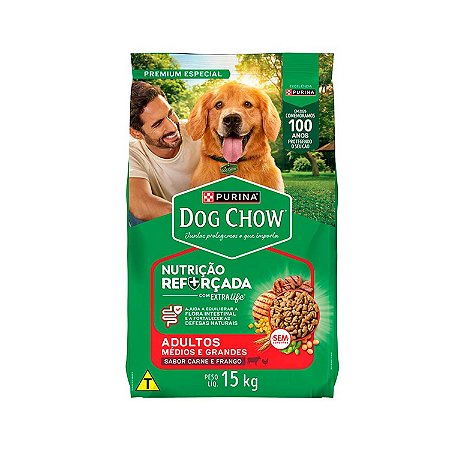 Ração Dog Chow para Cães Adultos de Porte Médio e Grande Sabor Carne, Frango e Arroz 15Kg