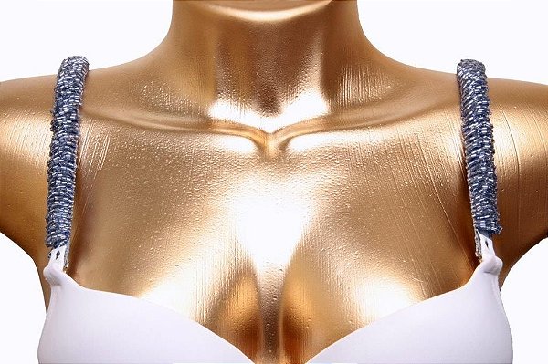 Alça de sutiã cor azul jeans com vidrilhos