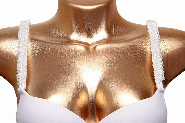 Alças de Sutiã branca com vidrilhos brancos translúcidos espelhados