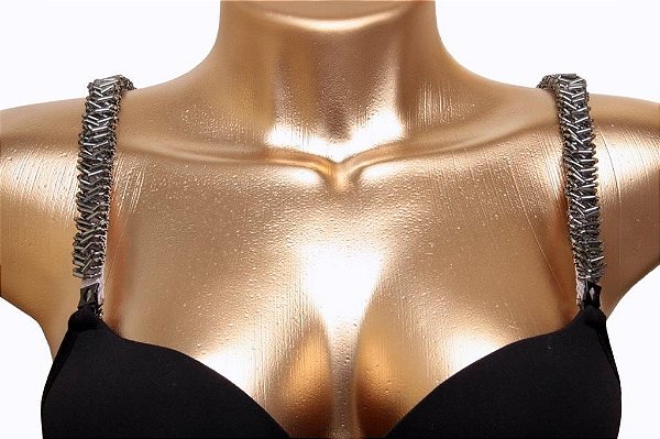 Alça de sutiã cinza com canutilhos e vidrilhos