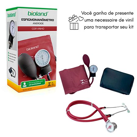 Kit Esfigmomanômetro Aneróide Bioland AN100 + Estetoscópio Duplo E100D – Vermelho Bordô