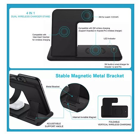 Carregador 4em1 Sem Fio Smartphone/Watch/Airpods/Apple