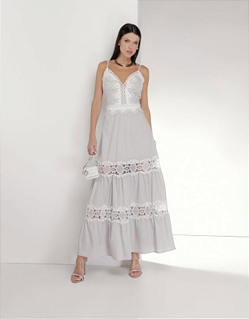 Vestido Rendas Decote Bicolor