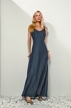 Vestido Jeans Broche de Plumas
