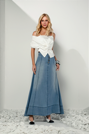 Saia Jeans Longa Evasê