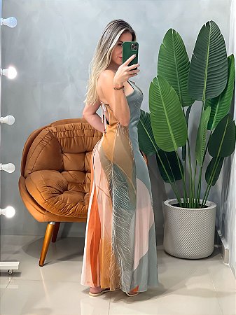 Vestido Longo em Tule de Alça Estampado Aurora Ref. 1884