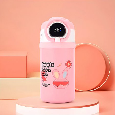 Garrafa Squeeze Copo Térmico Infantil Tela Digital Termômetro Cor:Rosa
