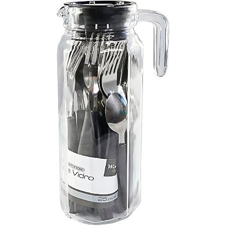 Conjunto Jarra Talheres 25 Peças Vidro Aço Inox Preto