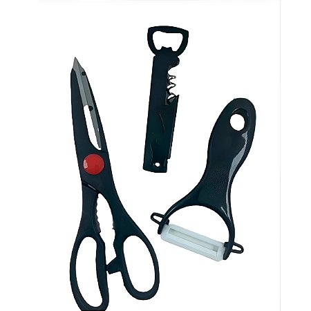 Kit Cozinha 3 Peças Tesoura Descascador Abridor Utensílios