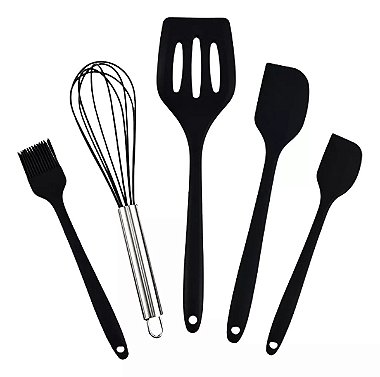 Kit Utensílios De Silicone Para Cozinha 5 Peças Espátula Fue Pincel Cor:Preto