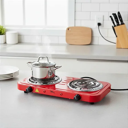 Fogão Elétrico Portátil 2 Bocas 2000W Vermelho Futuro Casa para Camping e Cozinha