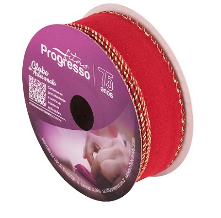 FITA ARAMADA FC003-038 38MM COR 209 VELUDO VERMELHO OURELA DOURADA 10 MTS