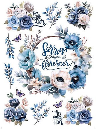 TRANSFER TÊXTIL 20X27,5CM TTR6L-006 ROSAS EM TONS AZULADOS LITOARTE