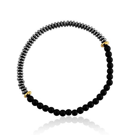 Pulseira Masculina Hematita Preta Dourada - Ajustável