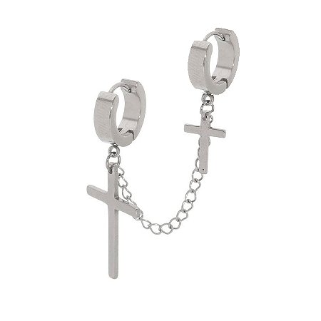 Brinco Masculino com Corrente Cruz Pingente (Conjunto para 1 orelha)
