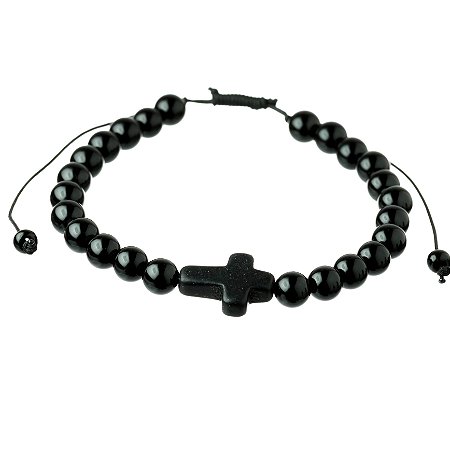 Pulseira Masculina Pedra Cruz Preta