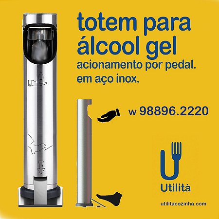 Totem para álcool gel / inox / h 1,2m / acionamento por pedal