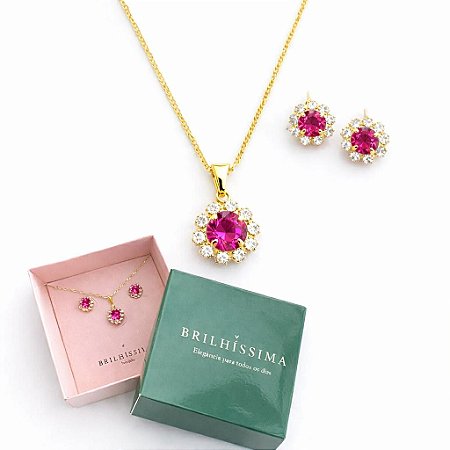 COLAR E BRINCO FLOR ZIRCÔNIA - CONJUNTO FOLHEADO OURO 1038ROSA