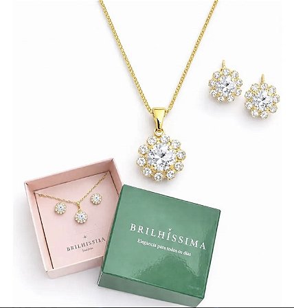 COLAR E BRINCO FLOR ZIRCÔNIA - CONJUNTO FOLHEADO OURO 1038CRISTAL
