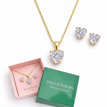 COLAR E BRINCO CORAÇÃO CRISTAL - CONJUNTO FOLHEADO OURO 1029CRISTAL