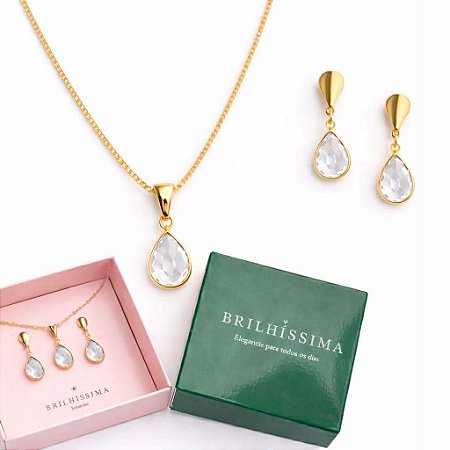 COLAR E BRINCO GOTA CRISTAL - CONJUNTO FOLHEADO OURO 1041CRISTAL