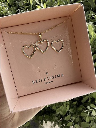 COLAR E BRINCO CORAÇÃO DOURADO - CONJUNTO FOLHEADO OURO 1037