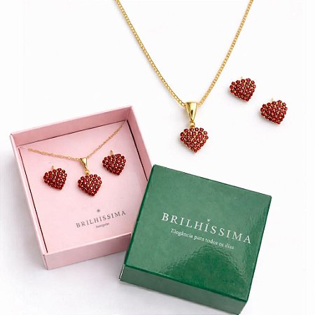 COLAR E BRINCO STRASS CORAÇÃO VERMELHO - CONJUNTO FOLHEADO OURO 1048VERMELHO