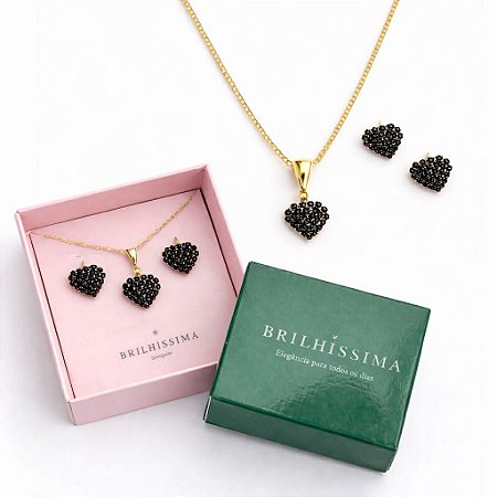 COLAR E BRINCO STRASS CORAÇÃO PRETO - CONJUNTO FOLHEADO OURO 1048PRETO