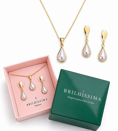 COLAR E BRINCO GOTA PÉROLA - CONJUNTO FOLHEADO OURO 1059
