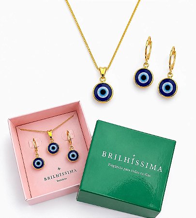 COLAR E BRINCO OLHO GREGO - CONJUNTO FOLHEADO OURO 1060OURO