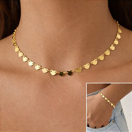COLAR SHOKER E PULSEIRA CORAÇÃO - CONJUNTO FOLHEADO OURO 1022