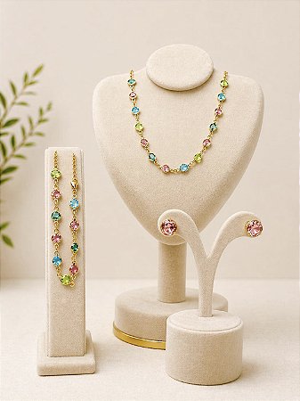 COLAR COLORIDO SHOKER + PULSEIRA + BRINCO - CONJUNTO FOLHEADO OURO 1045