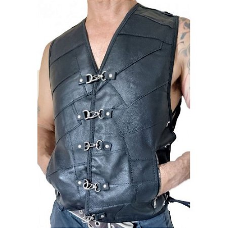 Colete Masculino Couro Retalhado Motociclista com fecho Mosquetão ref 13m