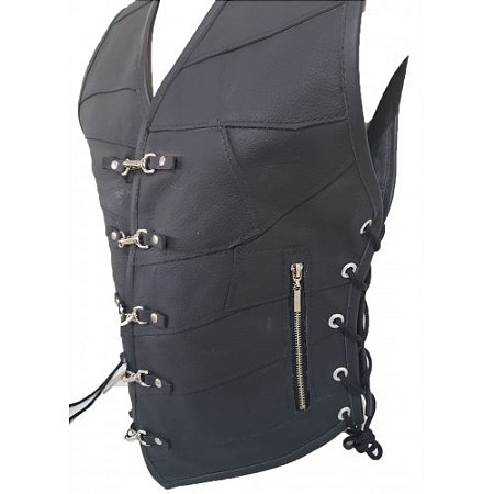 Colete Feminino de Couro Retalhado fecho Mosquetao Para Motociclista REF:19f