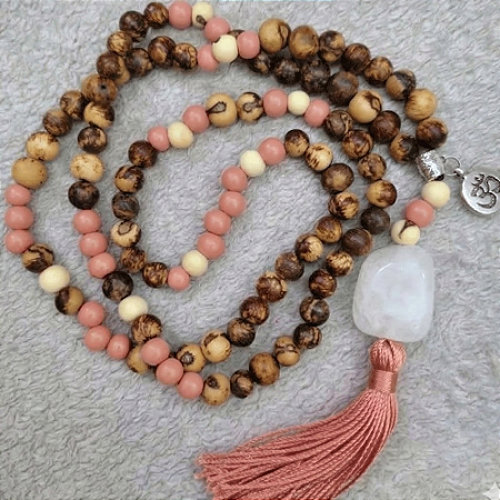 Japamala 108 Contas Semente + Pedra Natural + Pingente – Colar de Meditação, Yoga, Ho'oponopono Beth Russo, Mantra