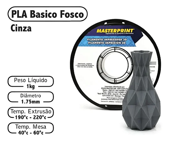 Filamento Pla Masterprint Cinza Fosco 1.75mm 1kg Impressão 3d