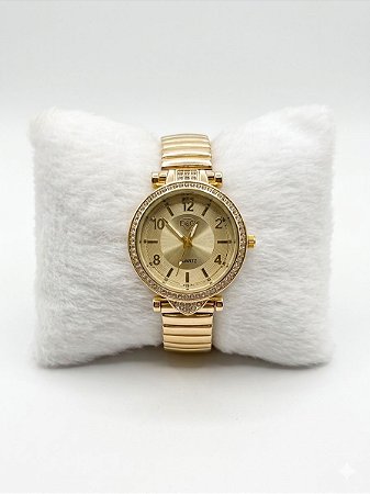 Relógio Dourado Feminino Cravejado