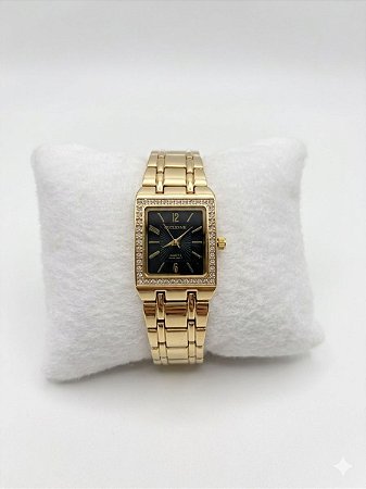 Relógio Feminino Dourado Quadrado Fundo Preto
