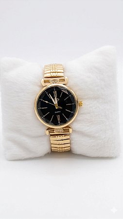 Relógio Feminino Dourado Detalhes Com Pedras Fundo Preto