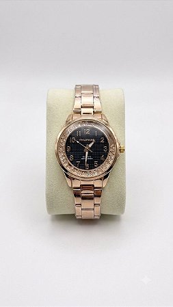 Relógio Feminino Dourado Com Pedras Que Se Movem Fundo Preto