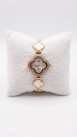 Relógio Feminino Dourado Pulseira Formato Trevo com Cristais