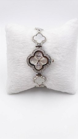 Relógio Feminino Prata Pulseira Formato Trevo com Cristais