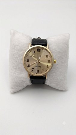 Relógio Masculino Pulseira Em Couro Maquina Dourada
