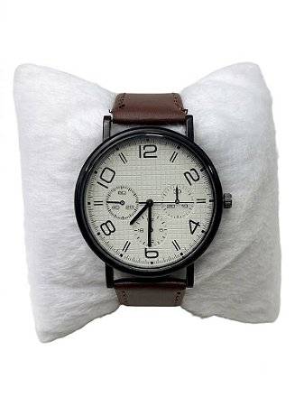 Relógio Masculino Pulseira Em Couro Marrom Maquina Preta