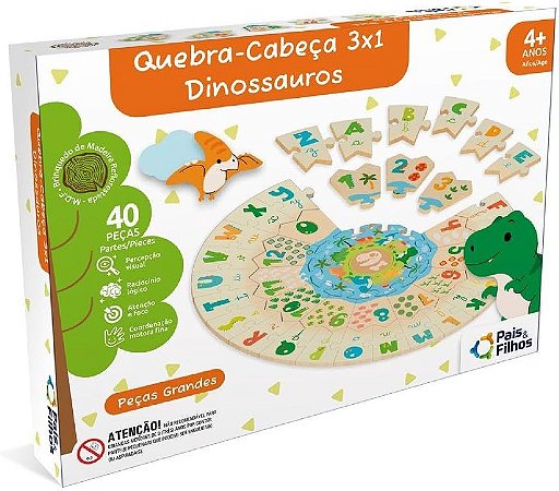 Quebra Cabeça 3x1 Dinossauros Madeira 792951
