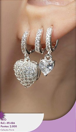 Trio de Brincos de Prata com Pedra Brilhante