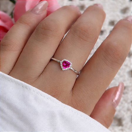 Anel prata coração cor rosa