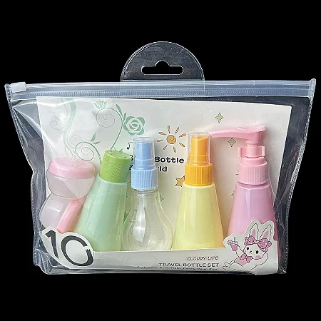 Caixa Fechada (120 unidades) Kit Viagem Portátil c/ 6 Frascos e Necessaire Transparente