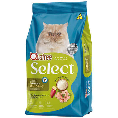 Ração Quatree Select para Gatos Castrados Sênior +7 Sabor Frango com Arroz e Batata Doce 10 KG